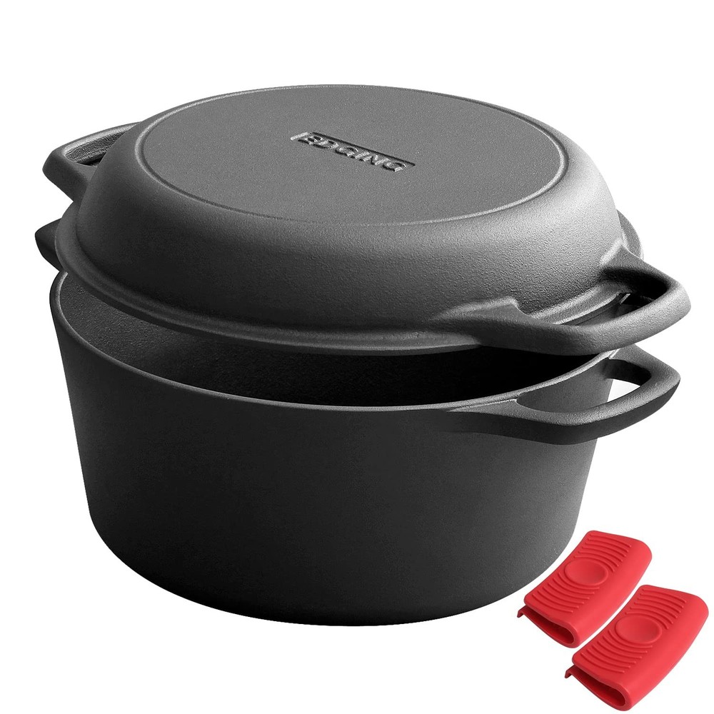 2-in-1 Pre-Seasoned Cast Iron Dutch Oven Pot with Skillet Lid Cooking Pan, Ca...