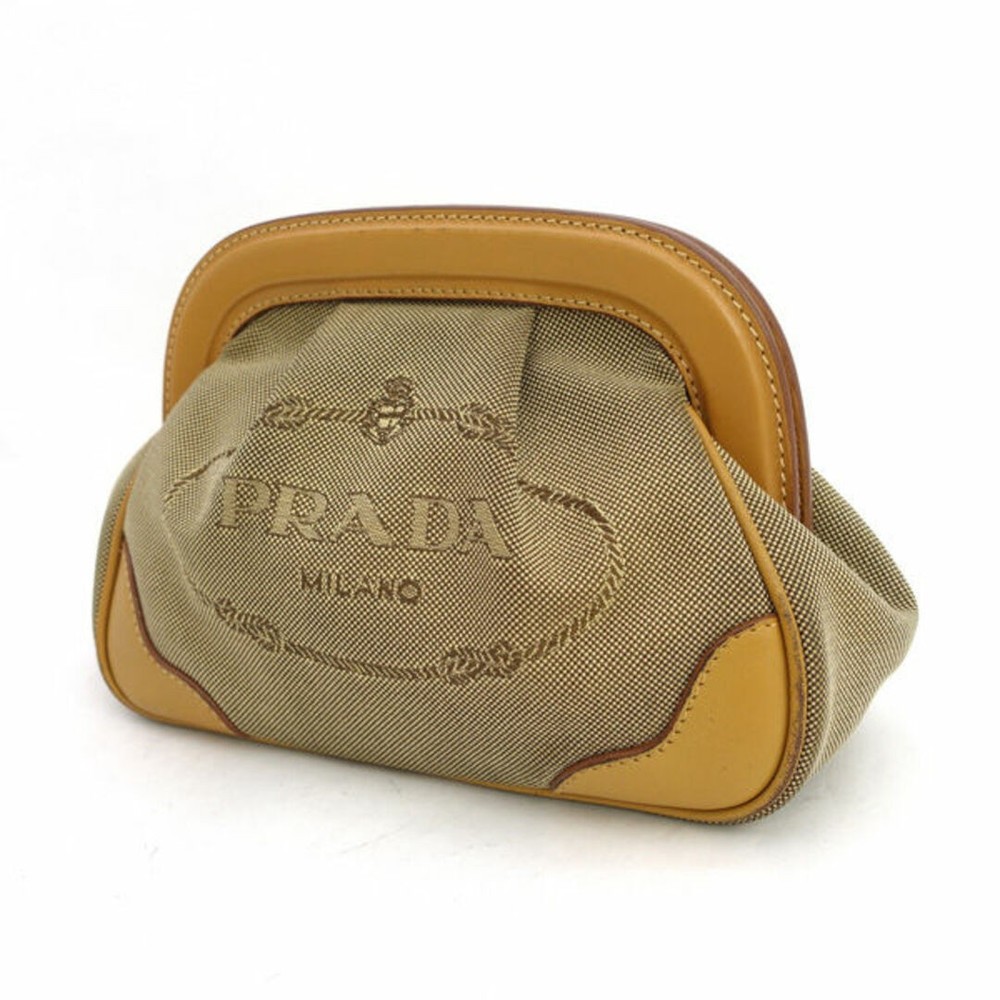RARE PRADA Small Canvas Pouch Bag Light Brown Clasp Handbag