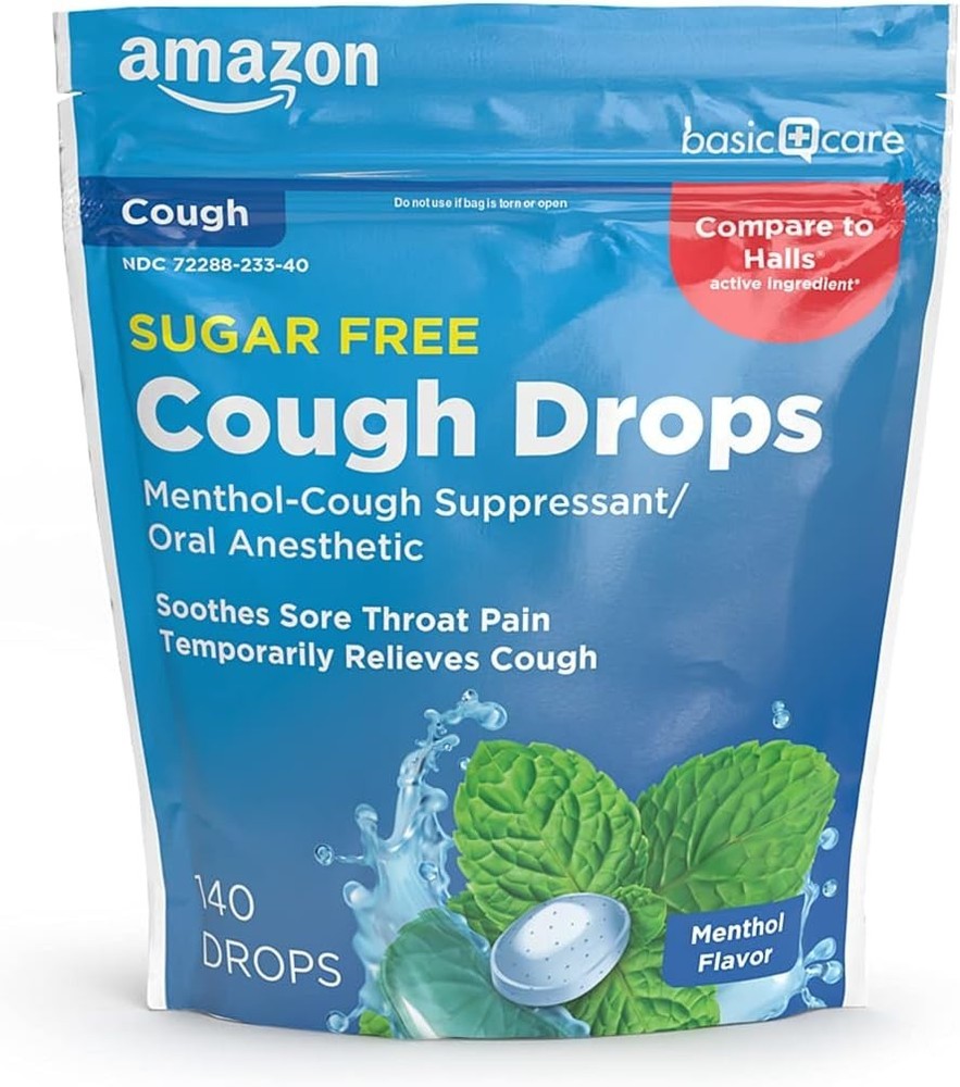 Amazon Basic Care Sugar Free Menthol Cough Drops 140 Count Lozenges Pack