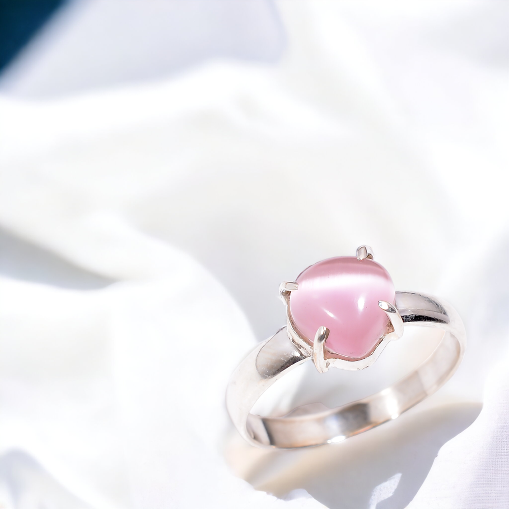 Gift For Her Natural Pink Cats Eye Statement Ring Size  925 Silver