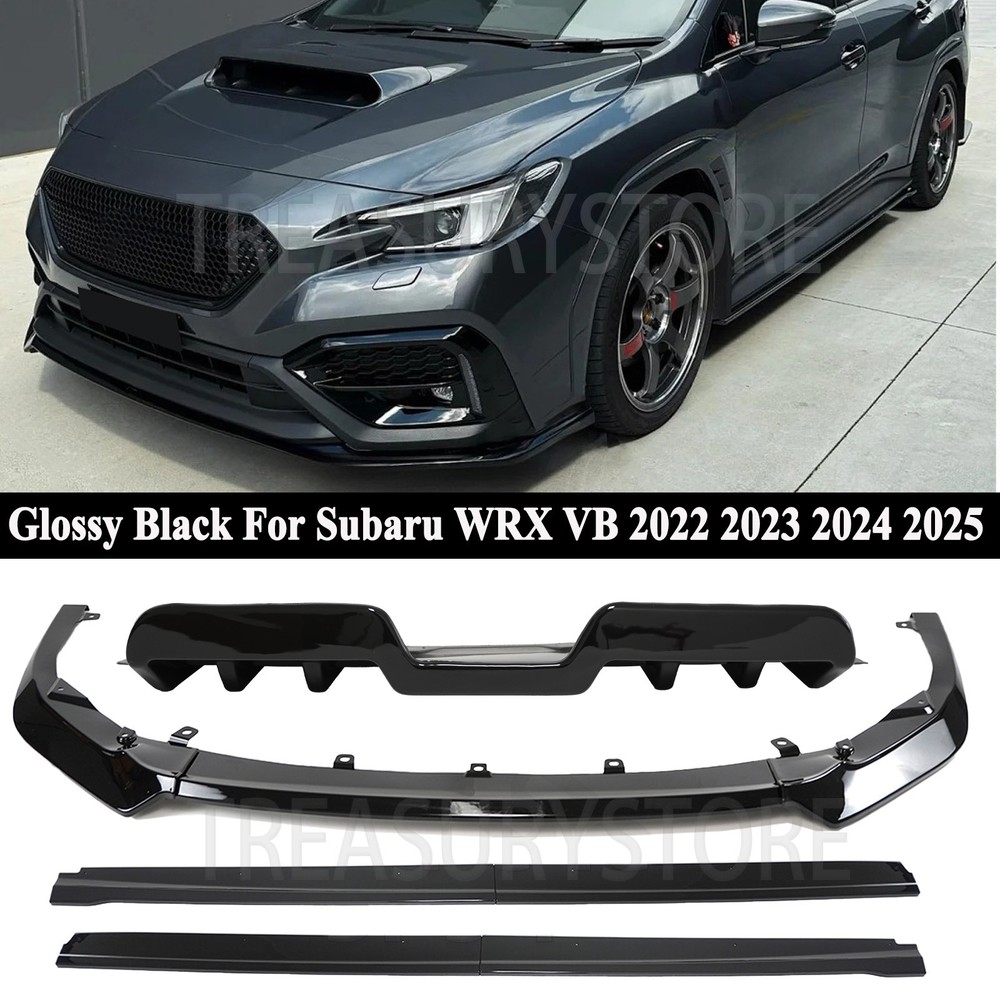 For Subaru WRX VB 22-25 Gloss Black Front Bumper Lip & Side Skirt &Rear Diffuser