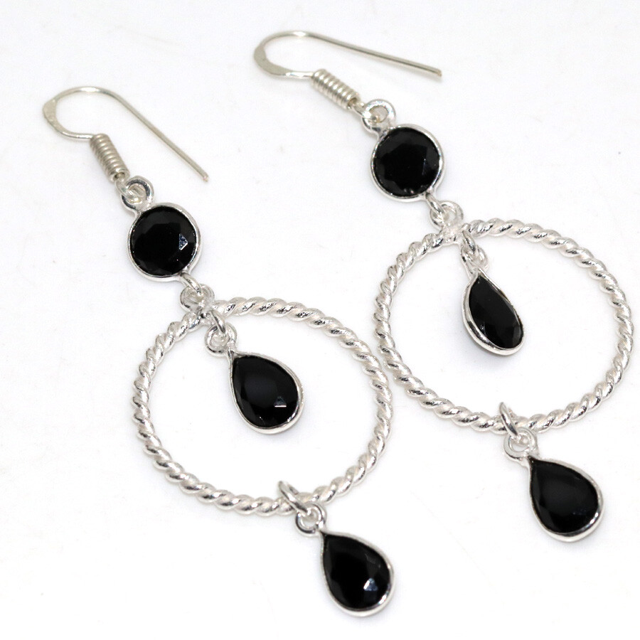 925 Silver Plated Black Onyx Faceted Long Earrings Jewelry Size 2.7