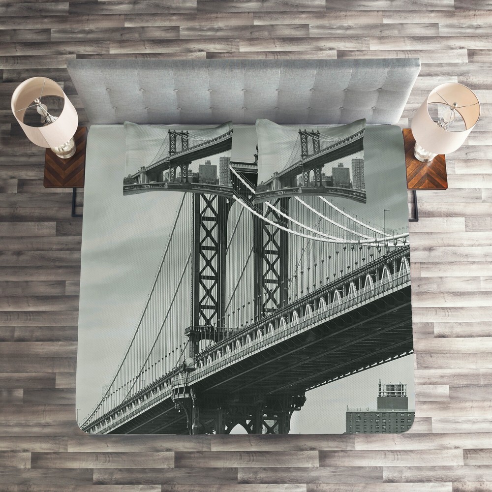 Juego de fundas de almohada y funda acolchada vintage, estampado puente en la ciudad de Nueva York
