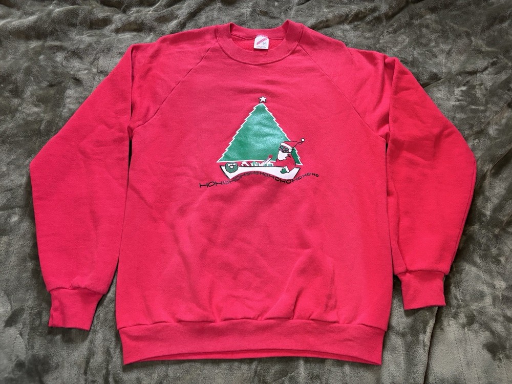 Vintage 80s Christmas Crewneck Sweatshirt Mens Large Red Sweater Santa Sleigh
