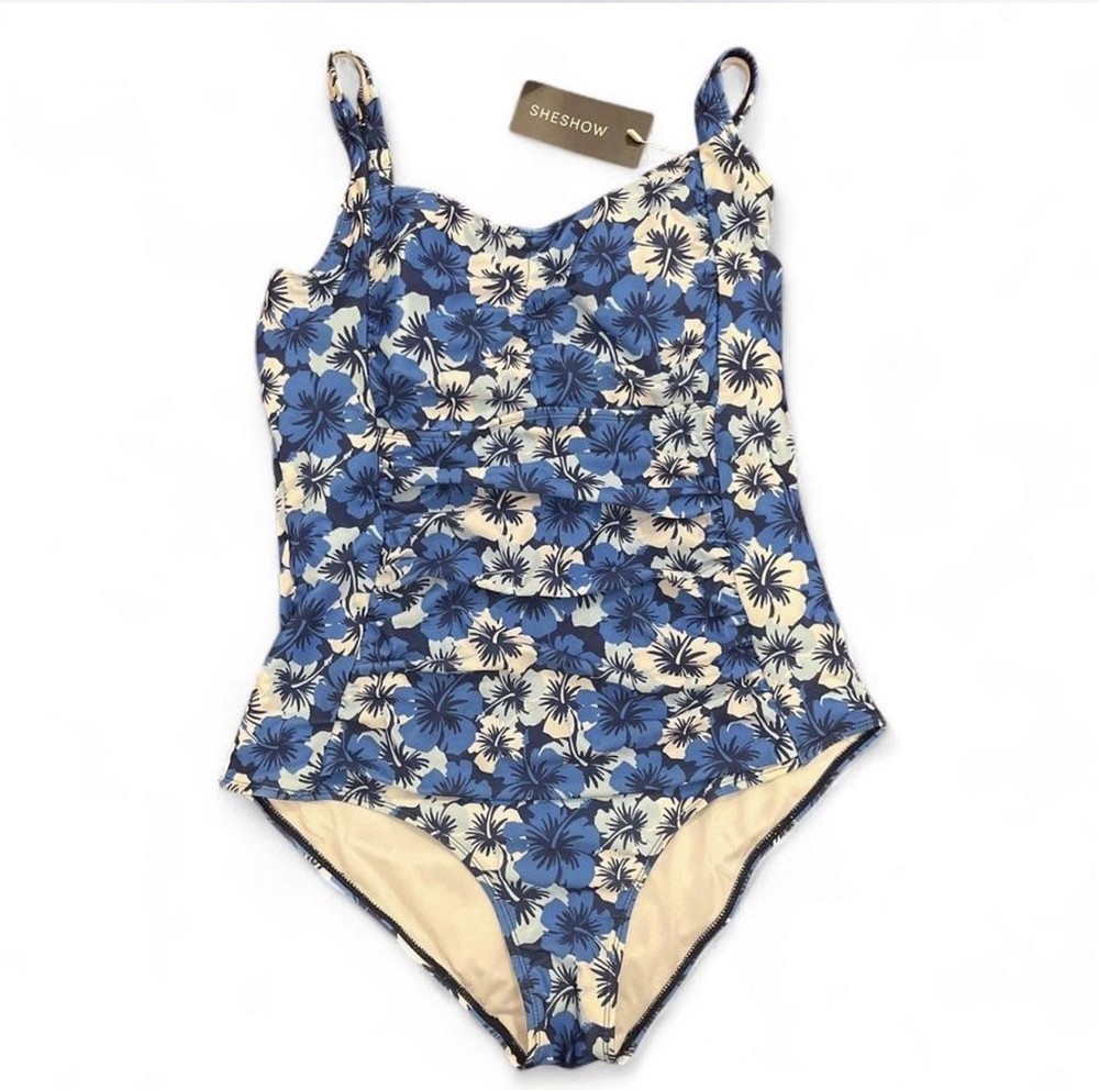 SHESHOW Blue Beige Floral One Piece Swimsuit for Women, Wide Strap, Regular Size