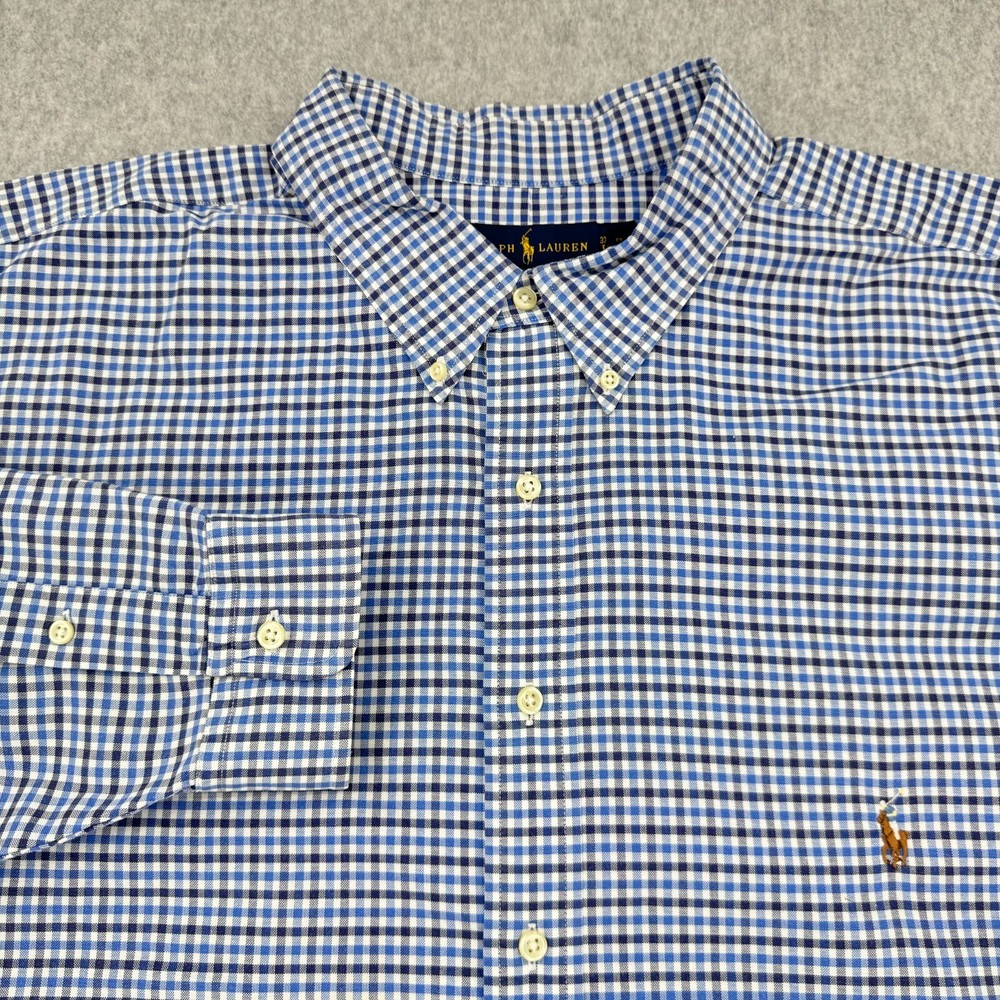 Ralph Lauren Shirt Men 3XLT Blue Gingham Plaid Long Sleeve Stretch Oxford Button