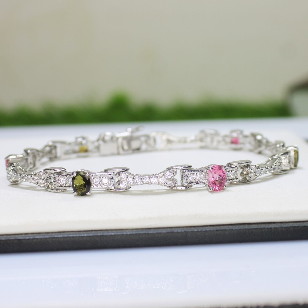 Natural Multi Tourmaline Bracelet With 925 Sterling Silver In 7.5 Inches Size