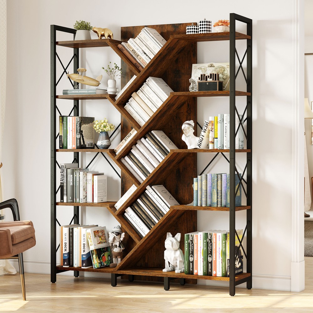5 Tier Industrial Large Bookshelf Bookcase Standing Tree Wide Display Shelves