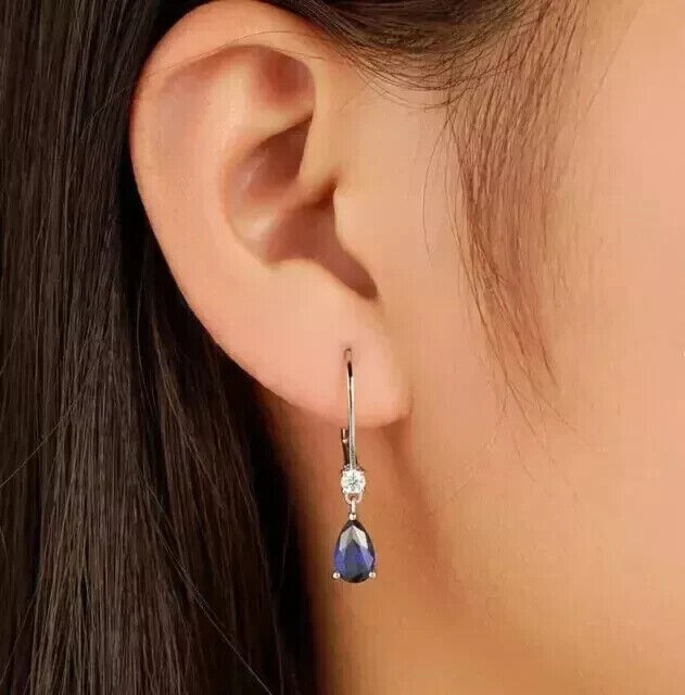 2Ct Pear Cut Simulated Blue Sapphire Drop Dangle Earring 14k White Gold Plated