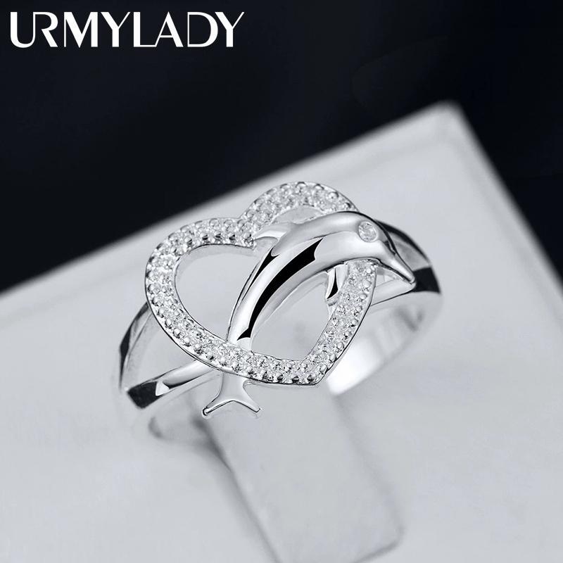High Quality 925 Sterling Silver Fine Love Dolphins Heart Rings for Women Couple