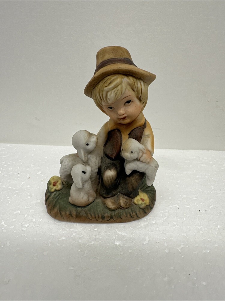 Boy and Three Sheep Lamb Ceramic Bisque Figurine for Decorative Collectibles and Home Display