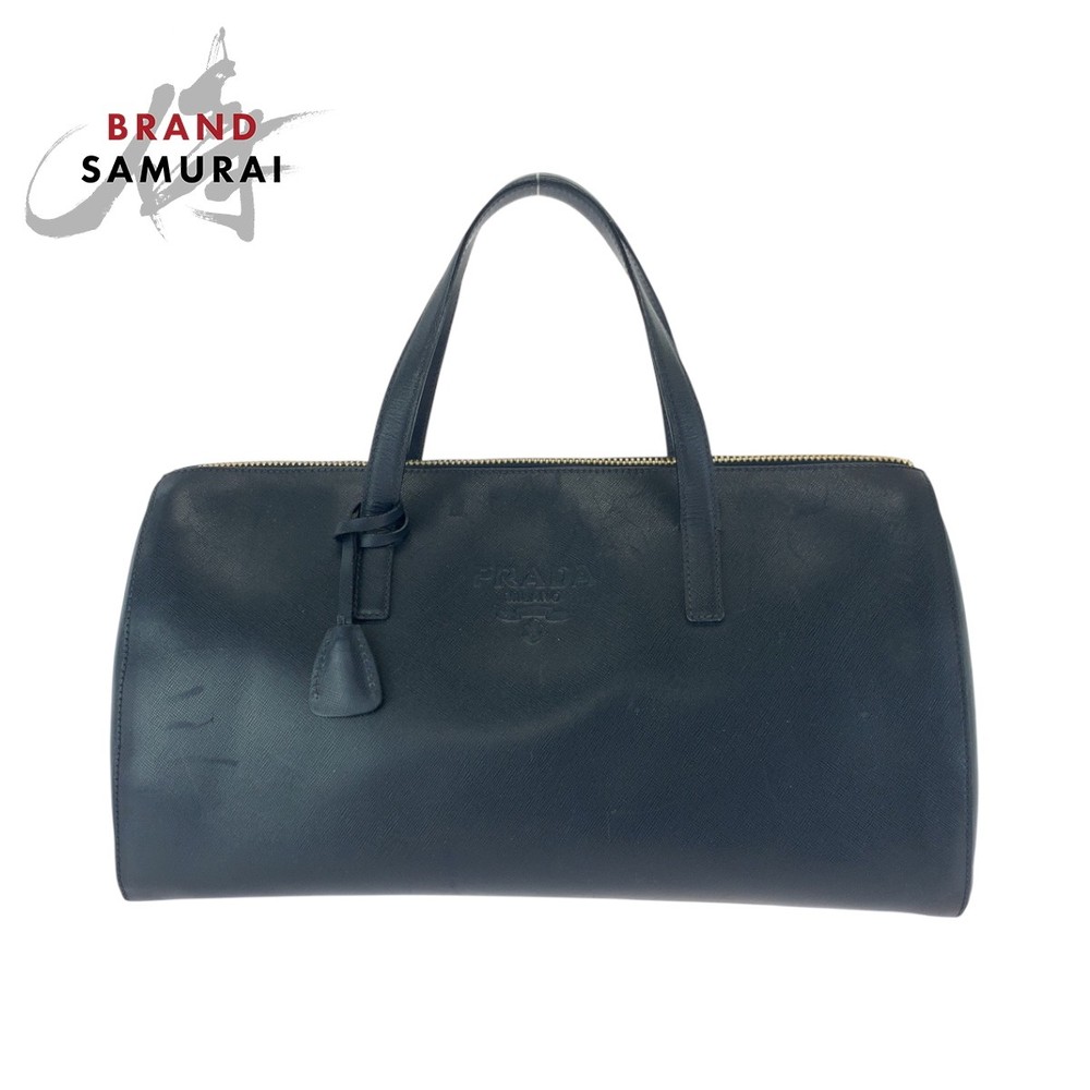 RARE Prada Saffiano Navy Leather Boston Bag with Gold Hardware for Women