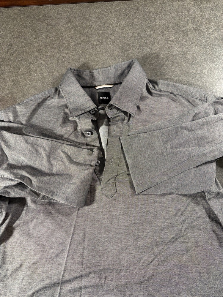 BOSS Hugo Boss Casual Fit Long Sleeve Polo Shirt Men’s L Gray Cotton