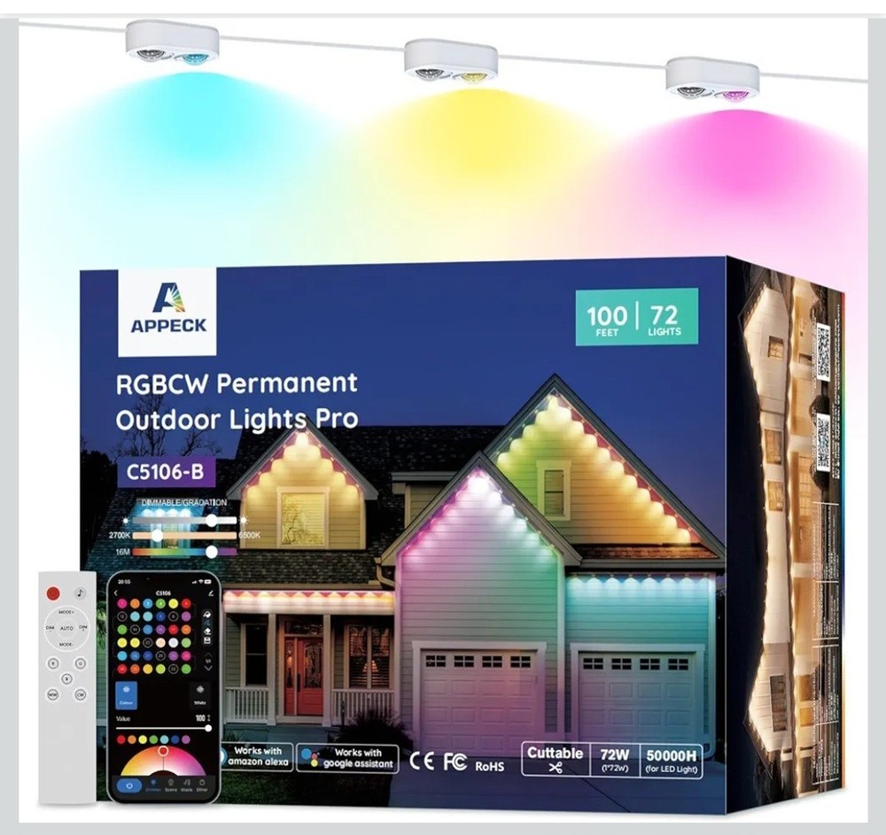 APPECK Permanent Outdoor Lights Pro 100ft, 72W RGBCW Eaves Lights with 72 LED...