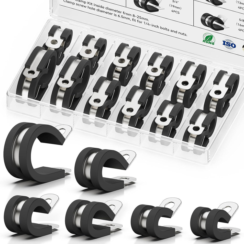 Cable Clamps Assortment Kit, 24PCS Stainless Steel Rubber Cushion Pipe Clamps, 6