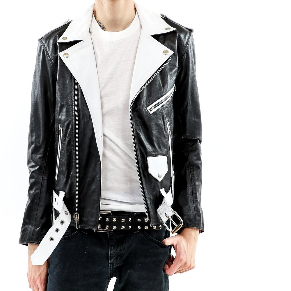 Real Men Black Biker Leather Jacket with Zipper and Pockets MMJ1c