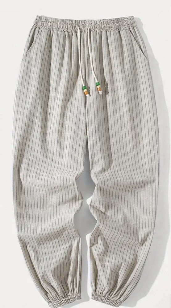 Men’s Cotton Linen Striped Joggers With Drawstring- Casual Loose Fit Pants