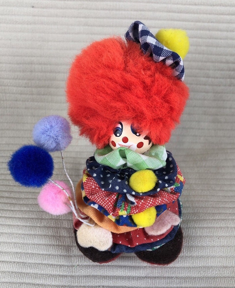 Vintage 4-inch Wooden Head Clown Doll with Colorful Cup Yo Balloons