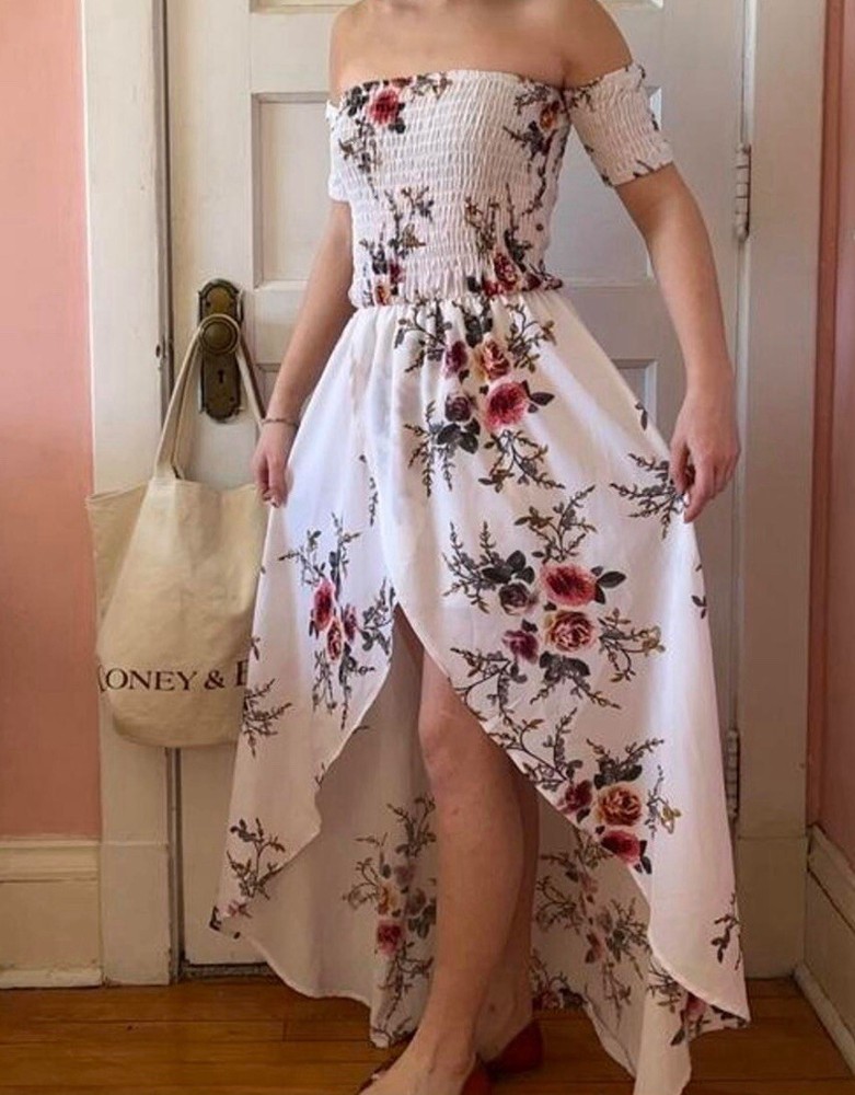 White Off-Shoulder Floral Sundress with Front Open Design