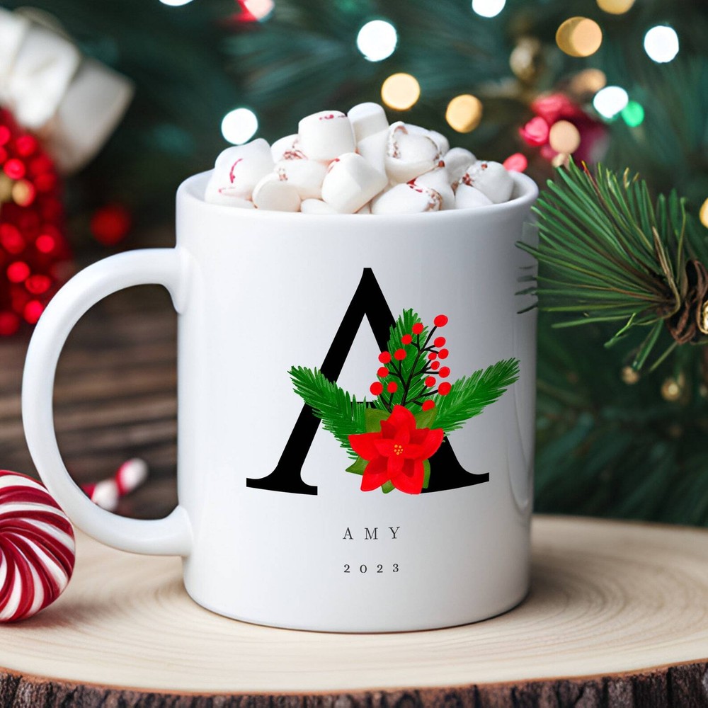 Personalized Monogram Christmas Mug Family Monogram Mugcustom Mug Poinsettia