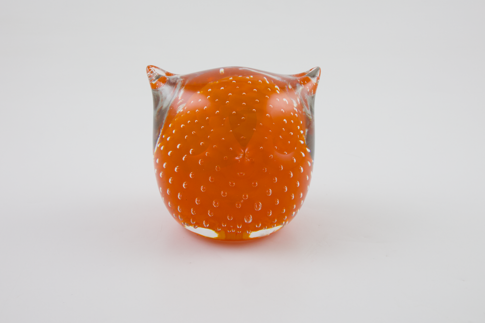 Vintage Handblown Orange Glass Owl Paperweight Bullicant Controlled Bubble