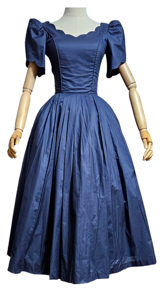 Vintage LAURA ASHLEY Blue Cotton Victorian Midi Dress Fit & Flare Rare English