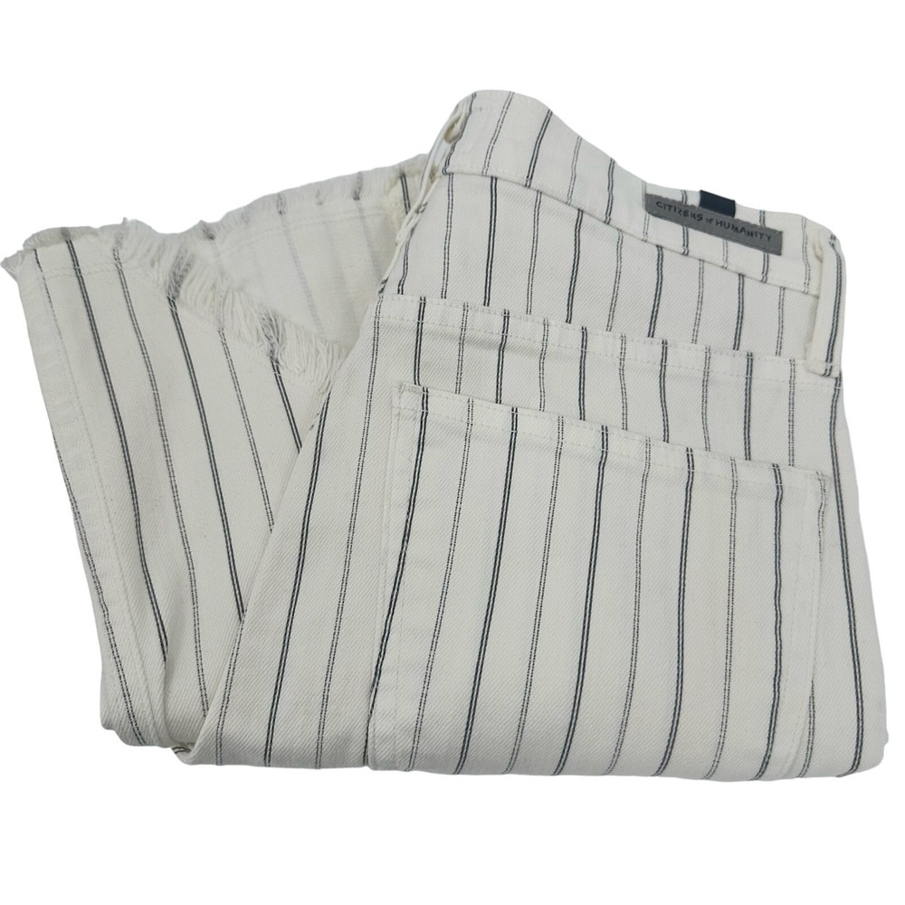 Citizens of Humanity Women's Drew Fray High Rise Crop Flare Jeans in Cream Stripe Size 25