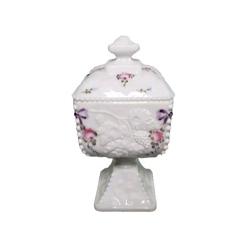 Westmoreland Milk Glass Wedding Jar with Roses Bows Beaded Pedestal Lid 7 5/8 Inch