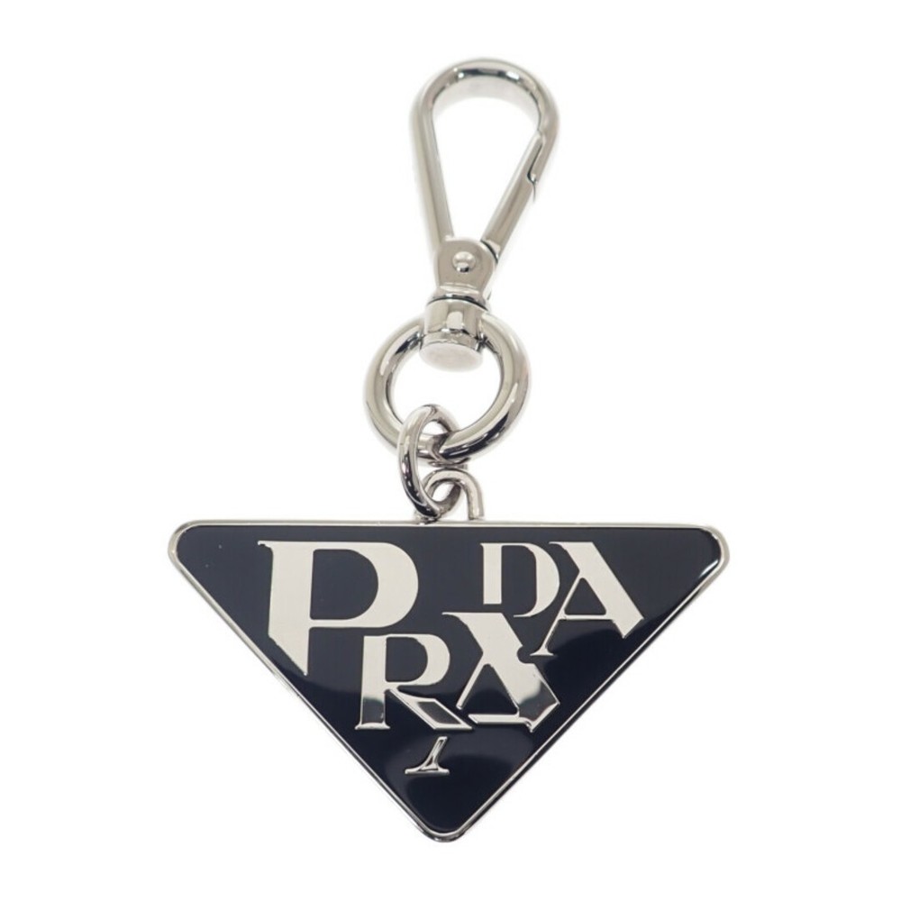 PRADA Silver Black Logo Key Ring for Women AB Rank 2PS026