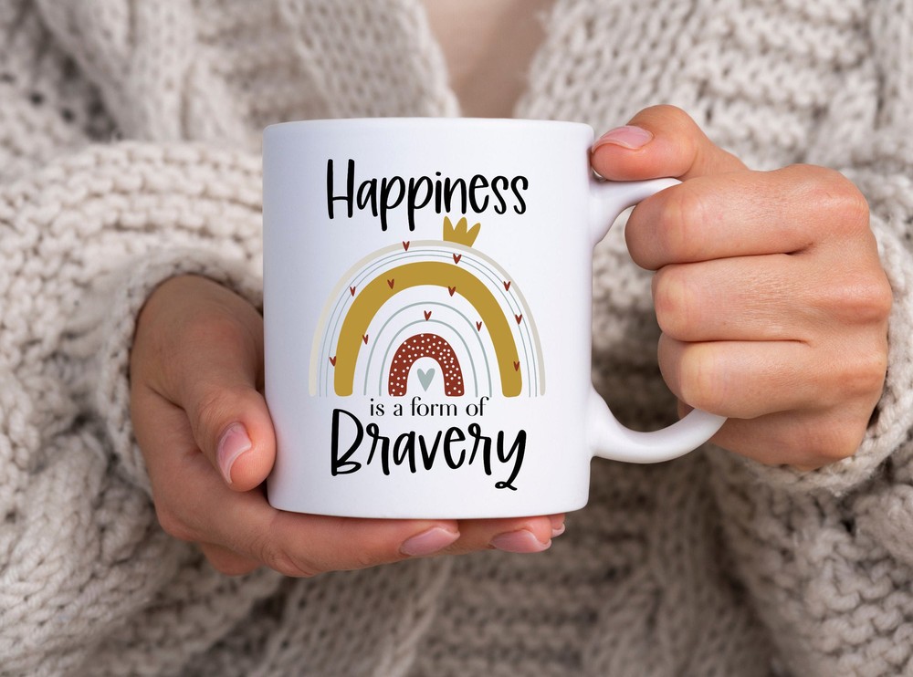 Happiness is Bravery Boho Rainbow Mug Colorful Inspirational Cup  