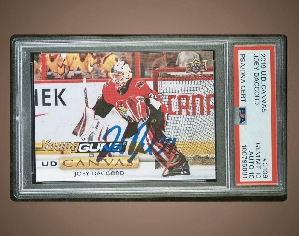 2019-20 UD Young Guns Canvas Joey Daccord PSA GEM MNT 10 AUTO 10 POP 3 RARE