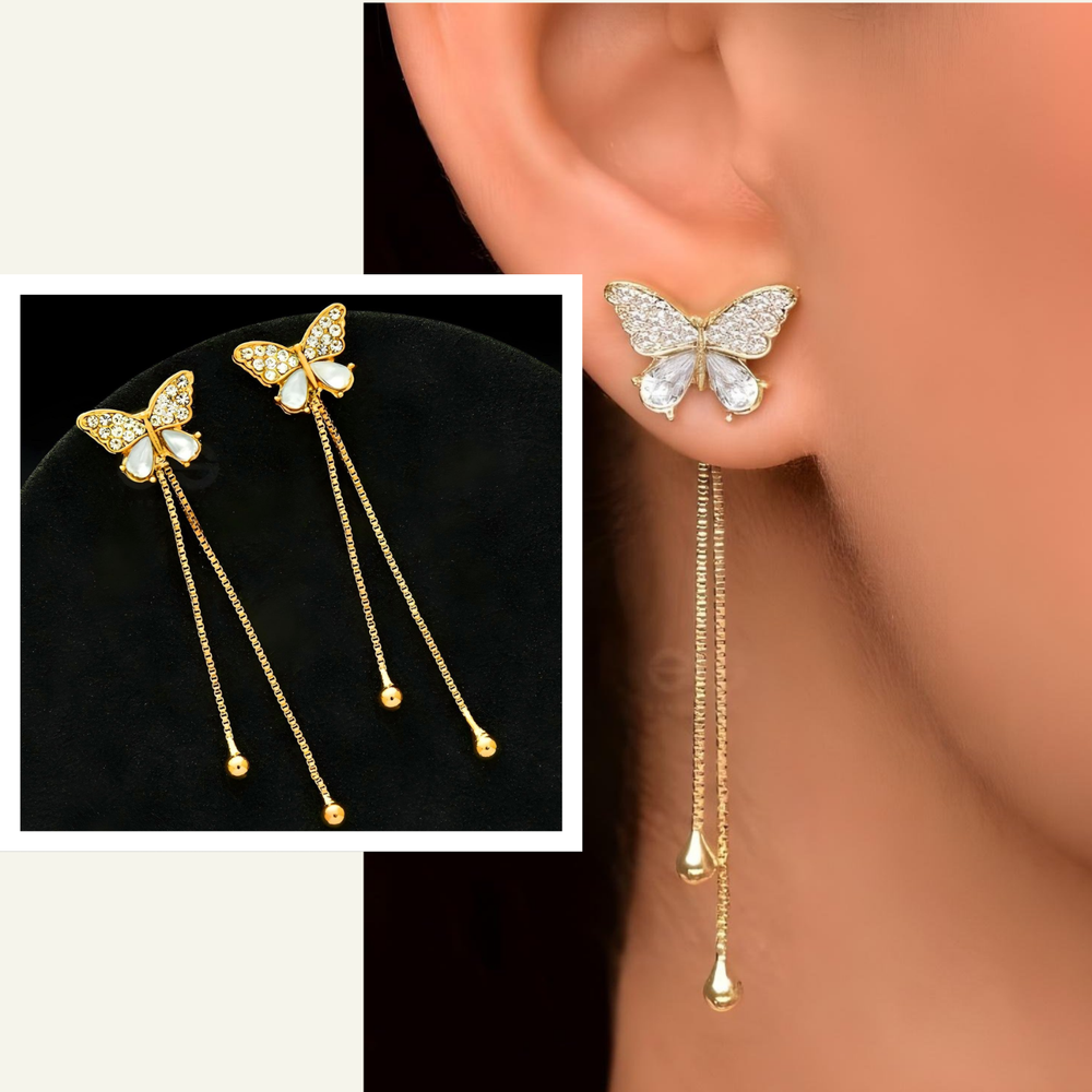 Gold Butterfly Dangle Thread Earrings with Cubic Zirconia Stones