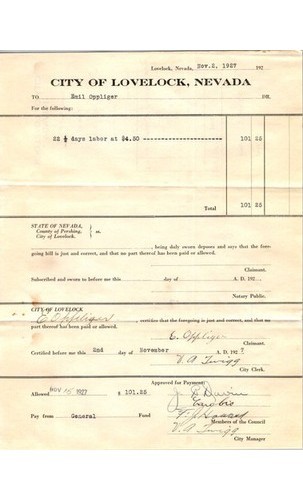1927 Lovelock NV Labor Voucher Pershing County Document PAID Emil Opplliger-image
