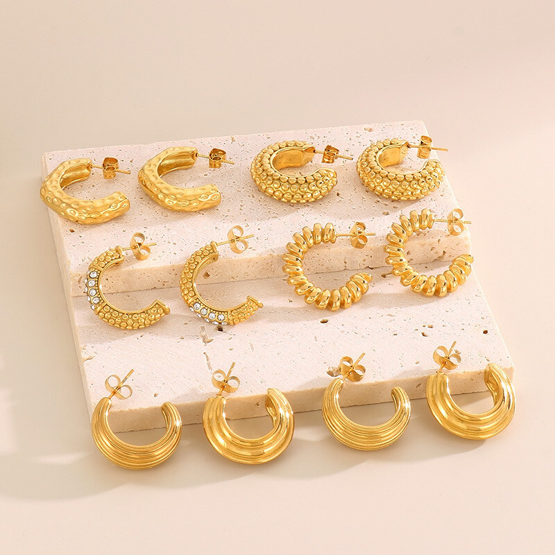 French titanium steel gold-plated earrings Vintage striped C-loop earrings