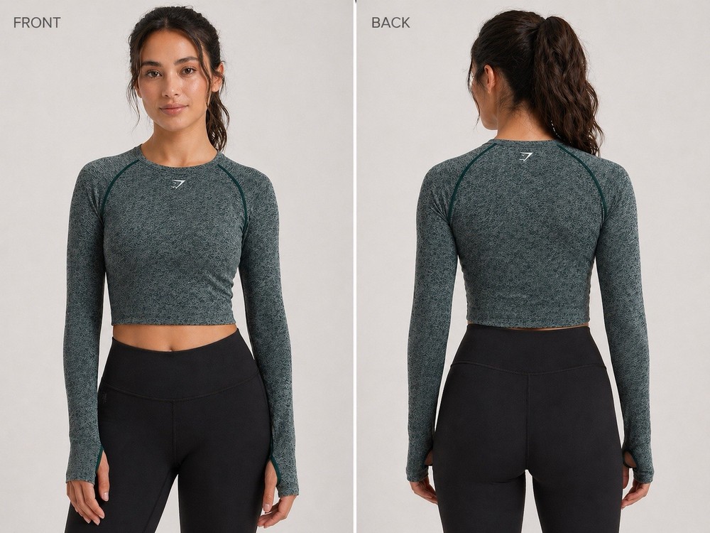Gymshark Women's Cropped Long Sleeve Athletic Top Green Black Size M Stretch