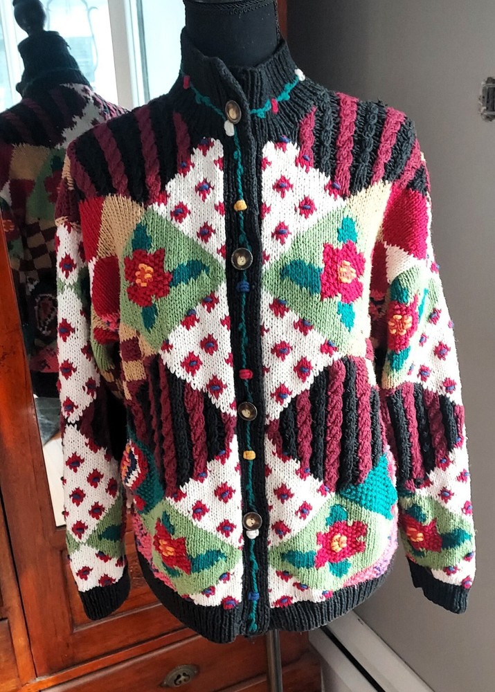 Vtg CAPE ISLE KNITTERS hand knit cardigan sweater oversized patchwork roses 90s