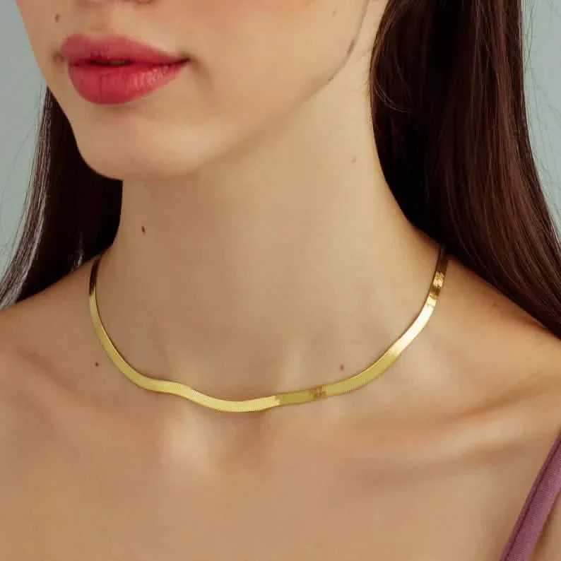 14K Flat Snake Choker Necklace 16