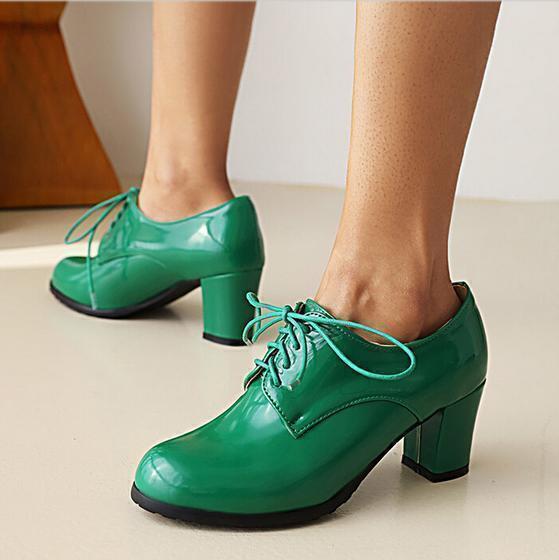 Women Faux Leather Lace-Up Block Heel Shoes for Work Casual Outdoor College Wear
