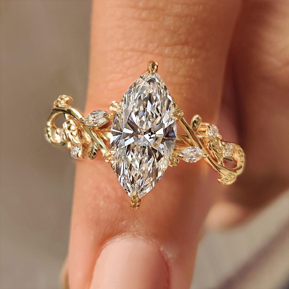 Nature Inspired IGI Certified 2.50 CT Marquise Lab Grown Diamond 14K Gold Ring