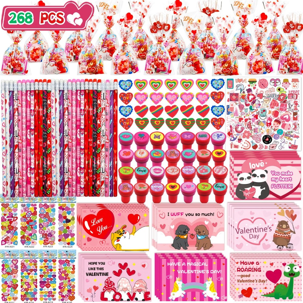 268-Piece Valentine's Day Classroom Gift Set with 28 Goodie Bags for Kids
