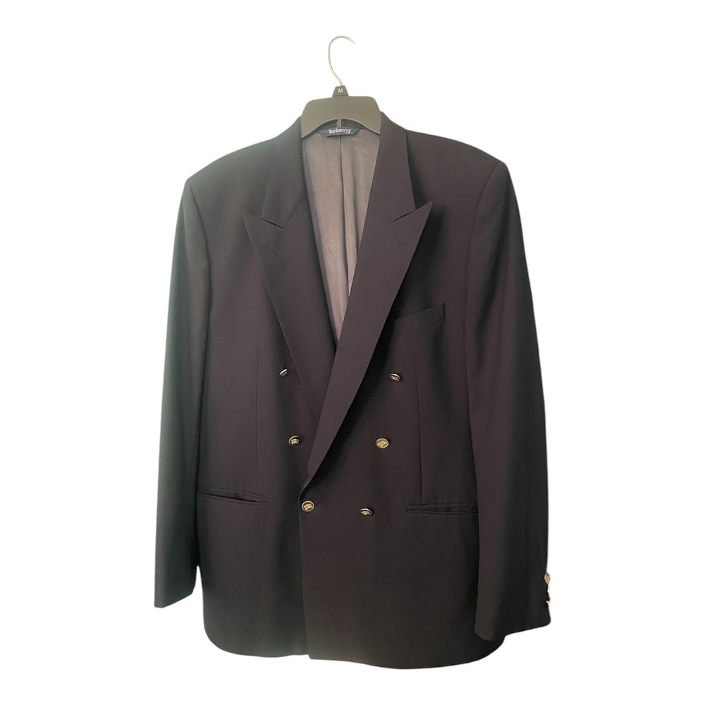 VTG Burberry Navy Blue Double Breasted Blazer Sz 44 Gold Buttons Wool Saks Fifth