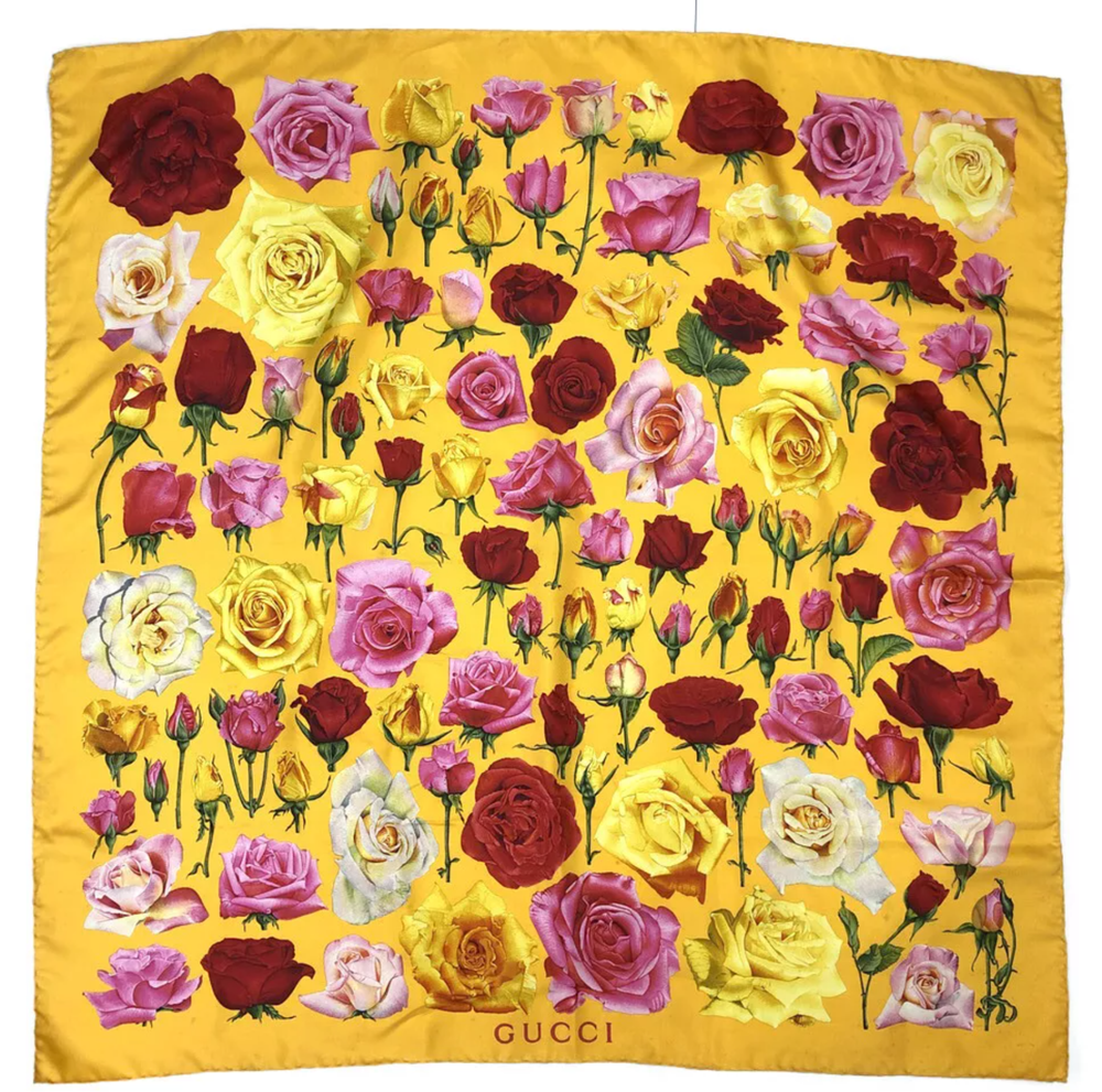 GUCCI Orange Silk Scarf with Rose Pattern 100% Italian Made 86cm