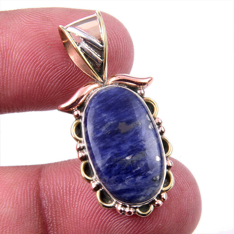Natural Sodalite Gemstone 925 Sterling Silver Two-Tone Pendant 1.25 Inch