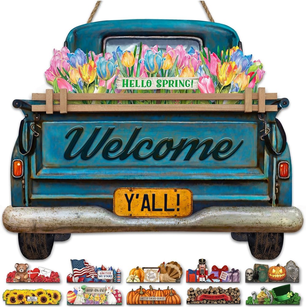 Farmhouse Blue Truck Welcome Sign - Interchangeable Front Door Decor