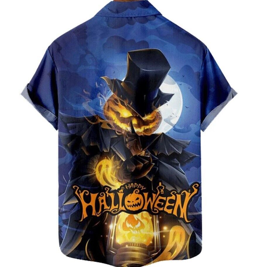Halloween Creepy Pumpkin Pattern 3D Print Hawaiian Buttoned Shirt Lapel Top