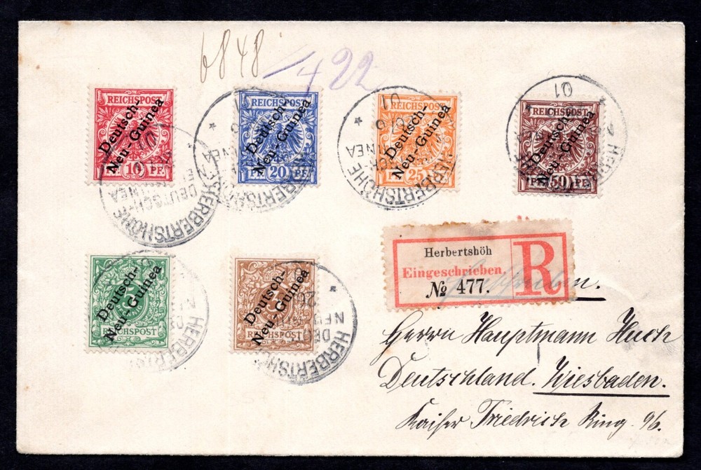 GERMANY NEW GUINEA 1901 REGISTERED HERBERTSHÖHE TO WIESBADEN FRANKED COMPLETE