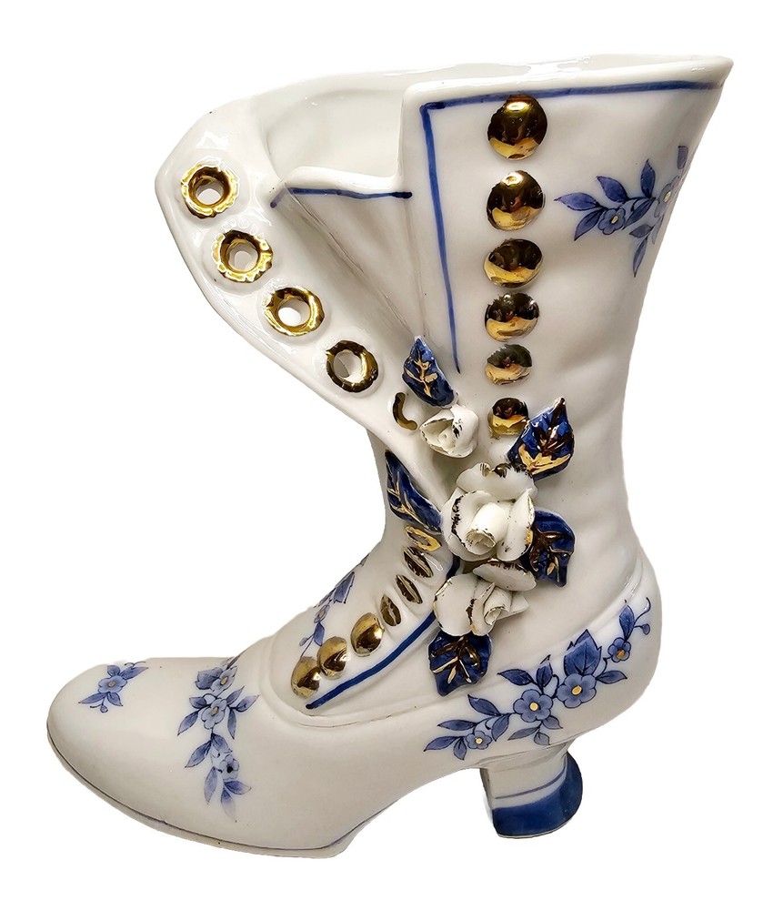 Brinns Porcelain Victorian Ladies Boot Flowers Blue Vine Gilded 6” Vintage