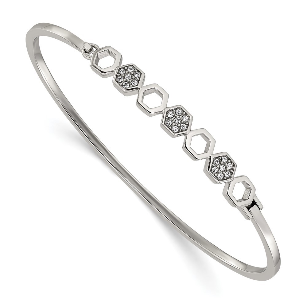 Stainless Steel Polished with Crystals Hexagons Hinged Bangle Bracelet 6.5