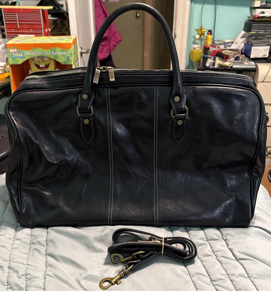 Floto Venezia Italian Leather Duffle Bag Handmade in Italy Black Travel Carry On