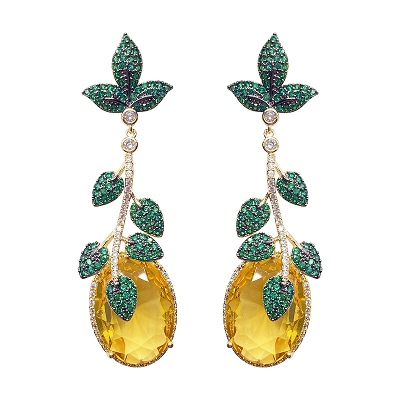 Lady Fashion Gold Plated Yellow Fruit Green Leaf Long Drop Cubic Zircon Earrings